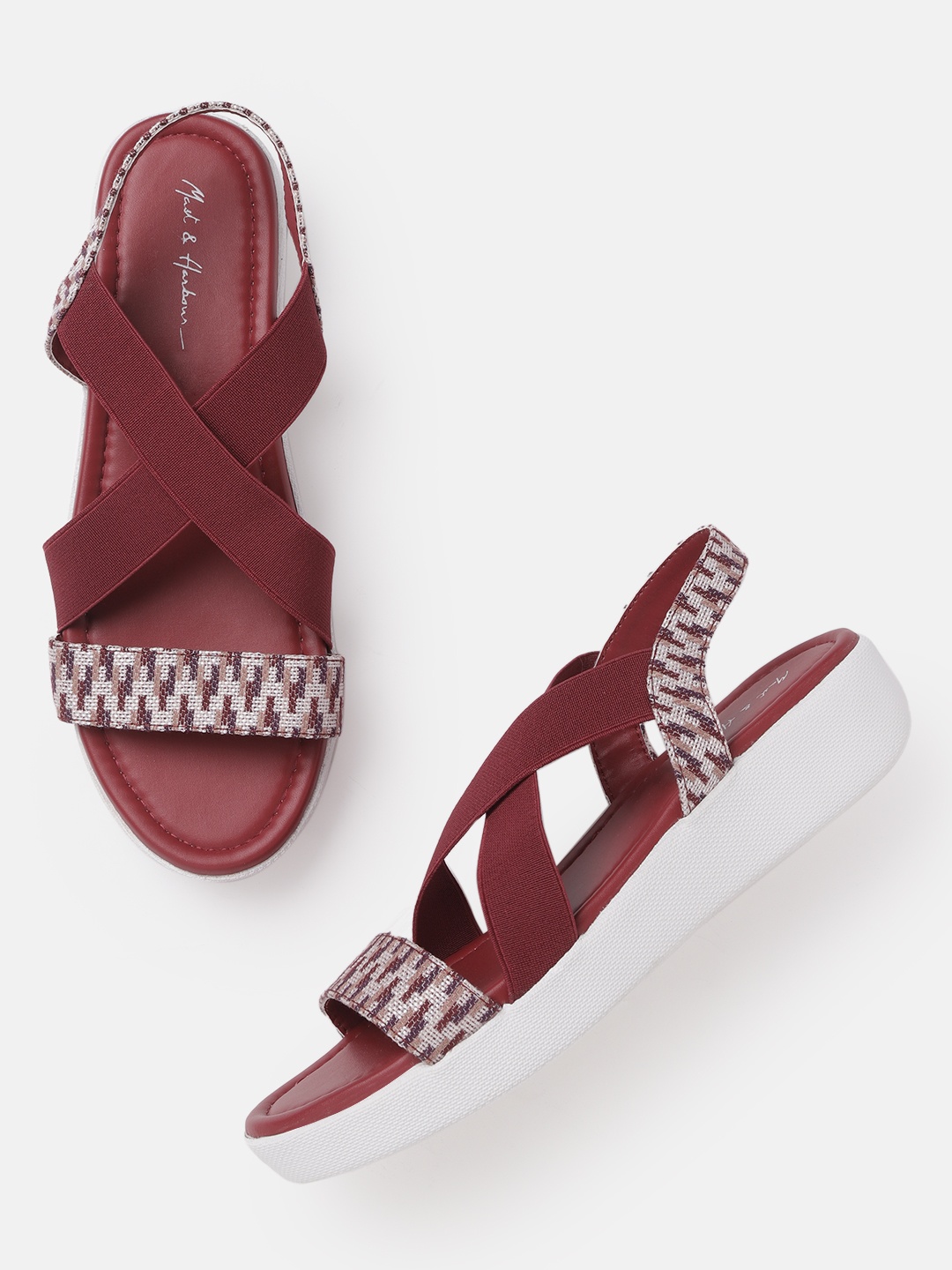 

Mast & Harbour Women Maroon & Off-White Textured Open Toe Flats