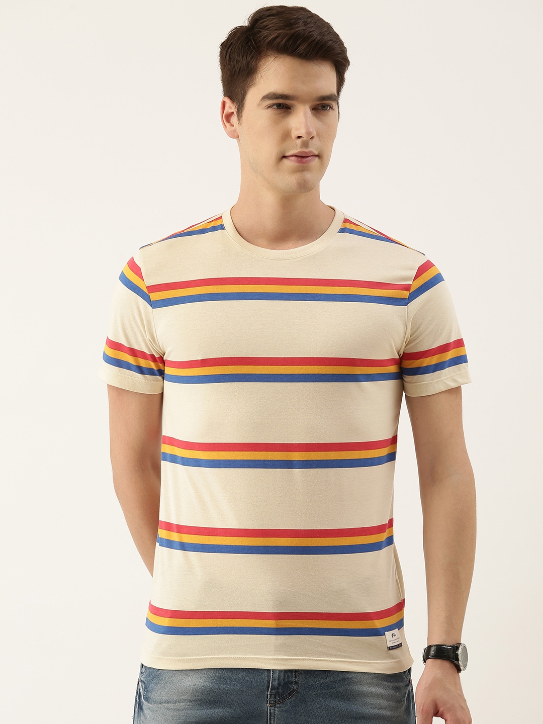 

Peter England Men Beige & Red Striped Slim Fit T-shirt