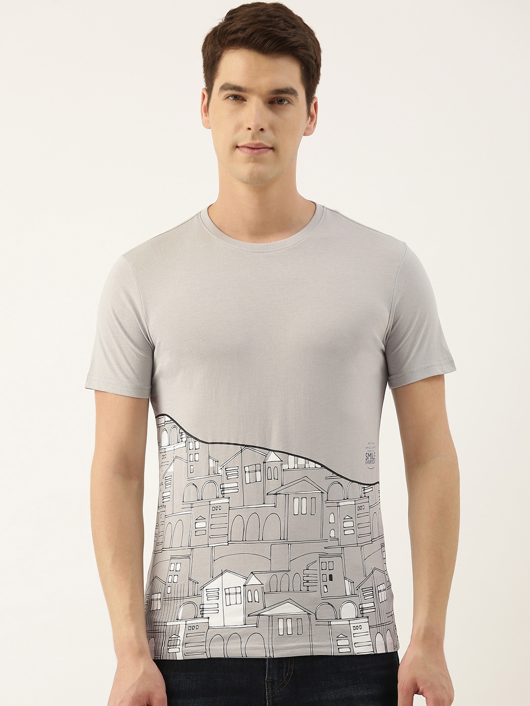 

Peter England Men Grey Printed T-shirt