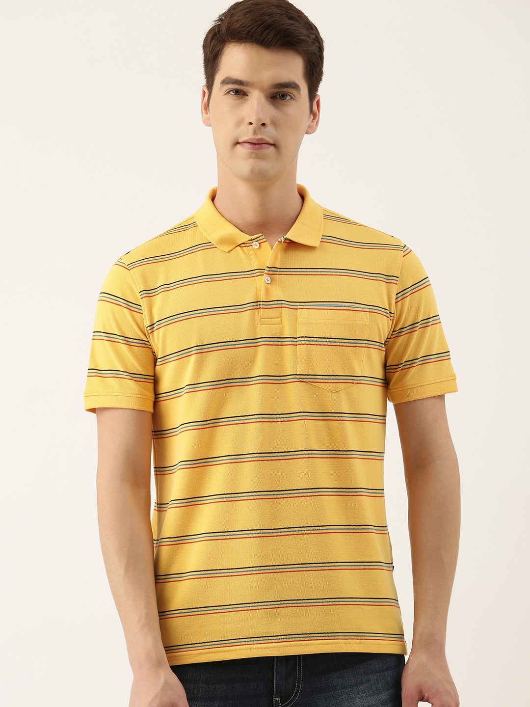 

Peter England Men Yellow & Red Striped Polo Collar T-shirt