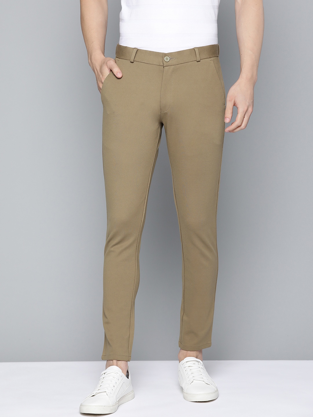 

DENNISON Men Khaki Smart 4-Way Tapered Fit Easy Wash Knitted Trousers