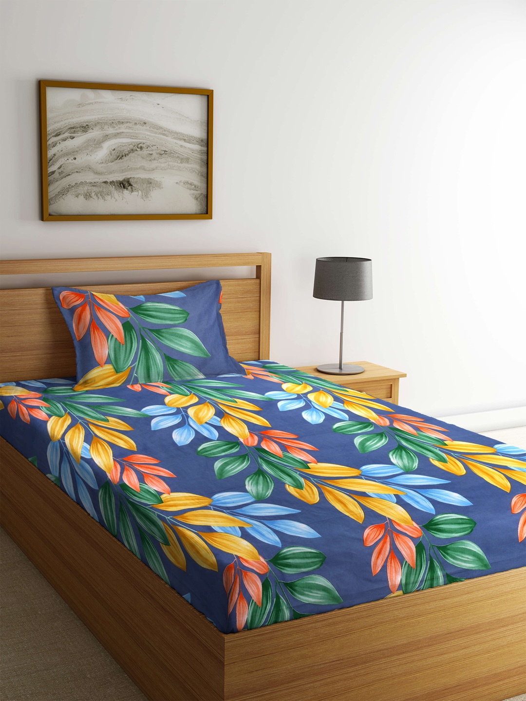

KLOTTHE Navy Blue Floral 210 TC Polycotton 1 Single Bedsheet with 1 Pillow Cover