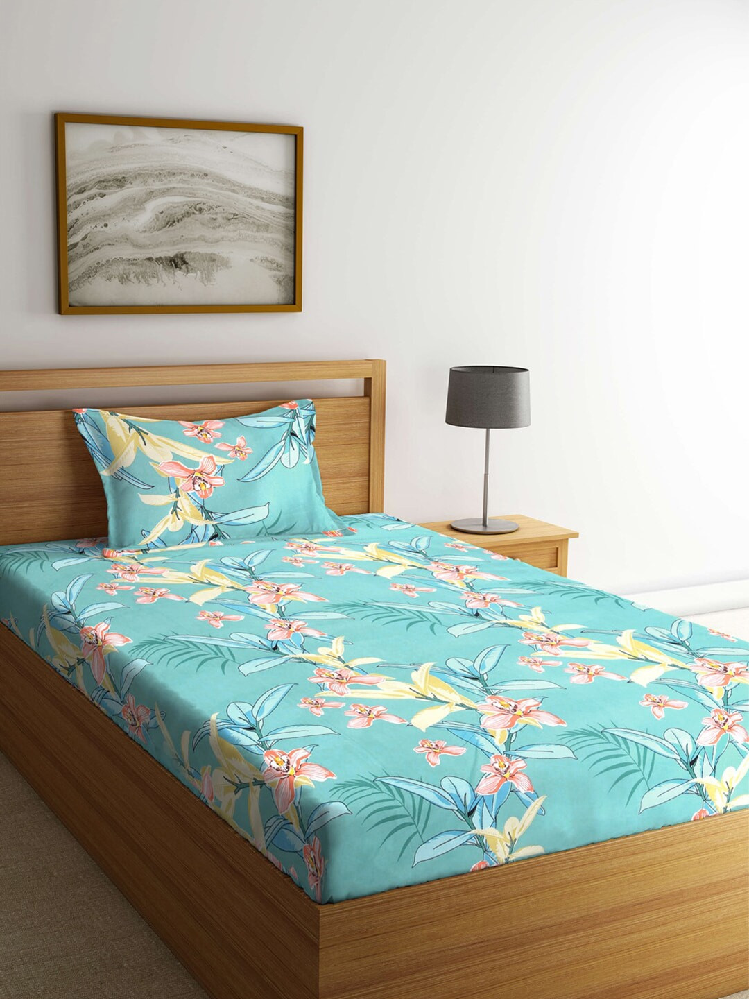 

KLOTTHE Turquoise Blue & Peach-Coloured Floral 210 TC Polycotton 1 Single Bedsheet with 1 Pillow Covers