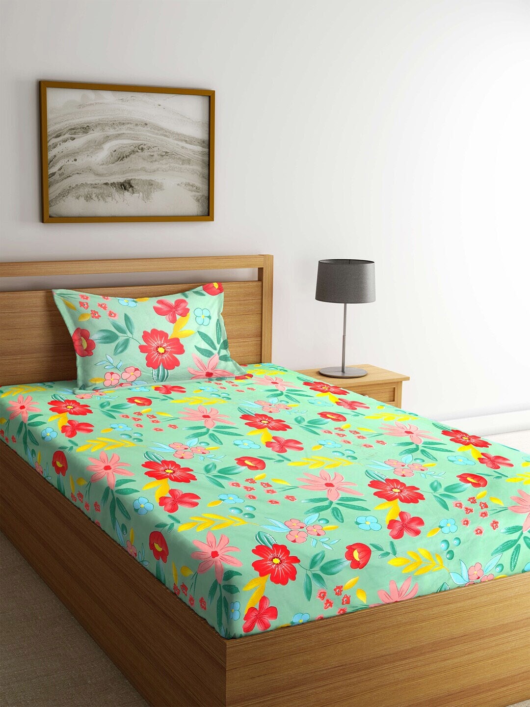 

KLOTTHE Green & Red Floral 210 TC Polycotton 1 Single Bedsheet with 1 Pillow Covers