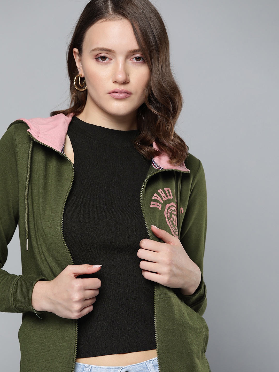 

Harvard Women Olive Green Solid Hooded Sweatshirt