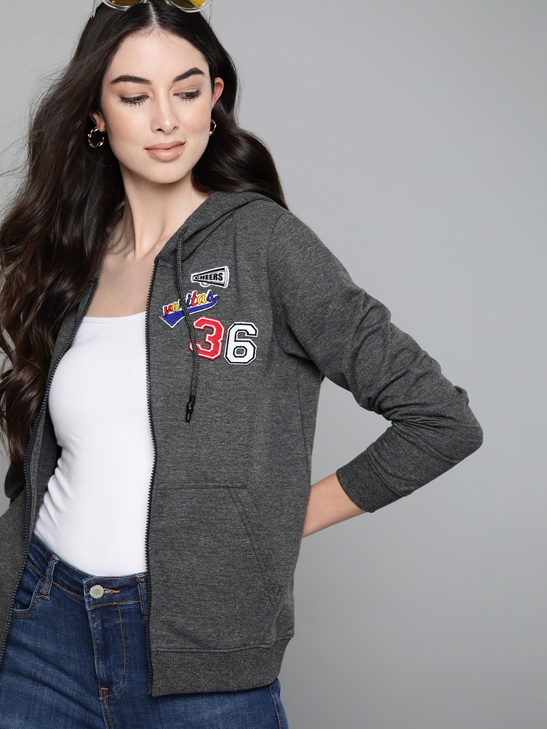 

Harvard Women Charcoal Grey Solid Hooded Sweatshirt