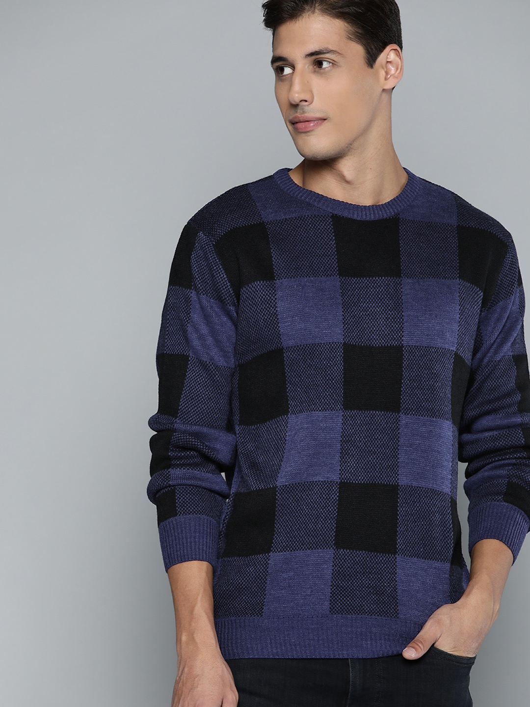 

Harvard Men Blue & Black Checked Pullover