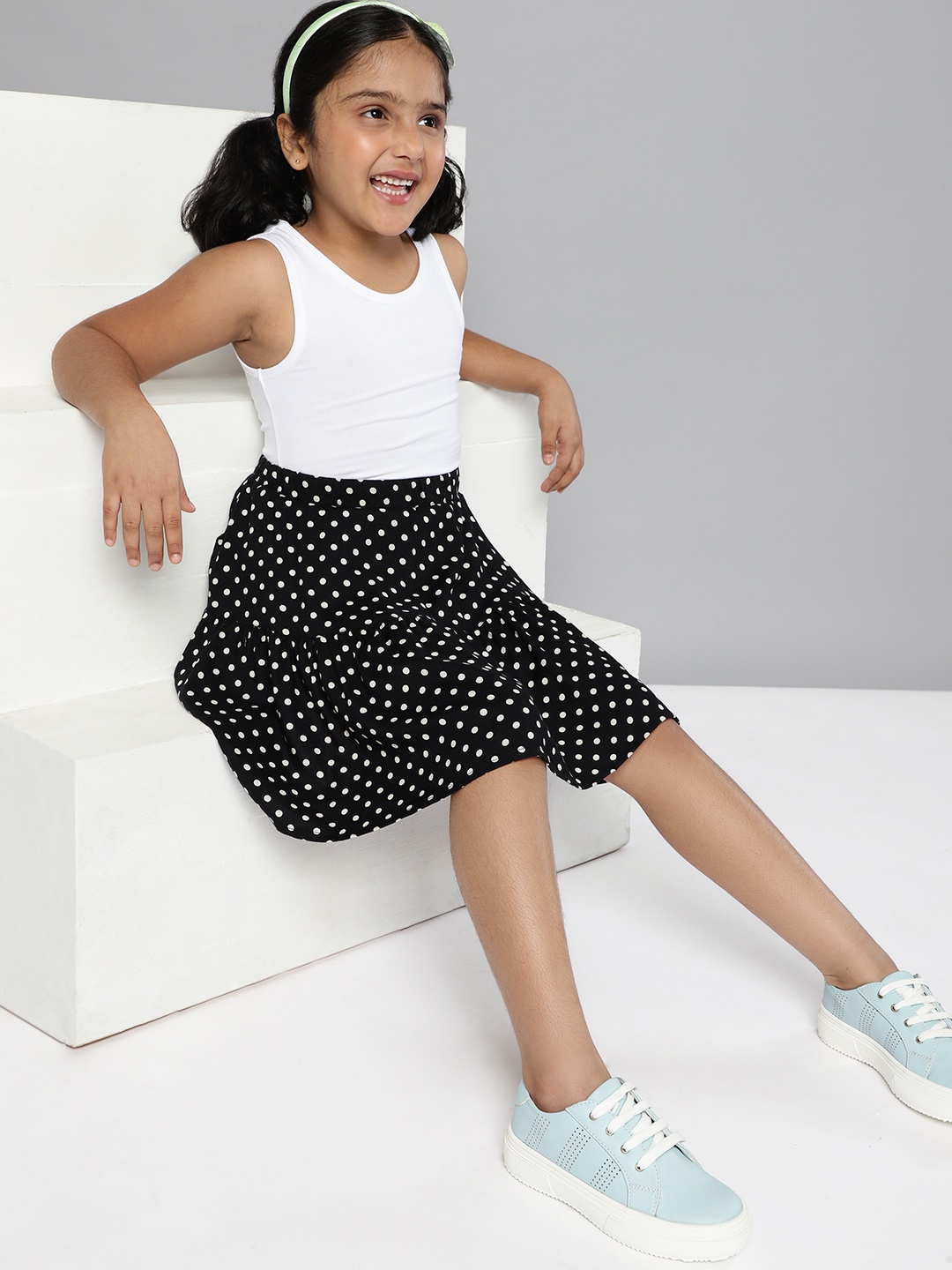 

HERE&NOW Girls Black & Off-White Polka Dot Print A-Line Skirt