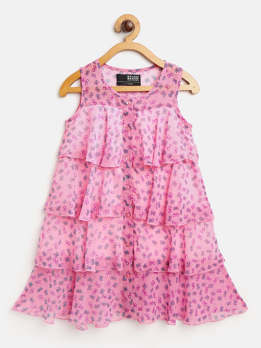 

HERE&NOW Girls Pink & White Bows Print Layered A-Line Dress