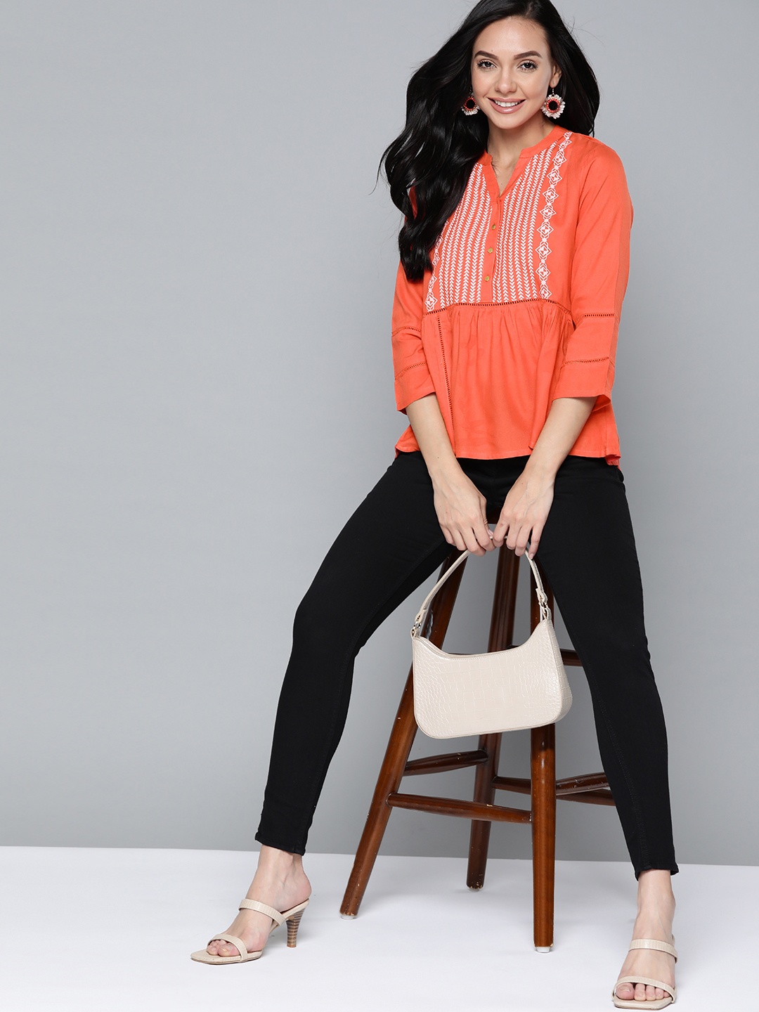 

HERE&NOW Orange Printed Mandarin Collar A-Line Top