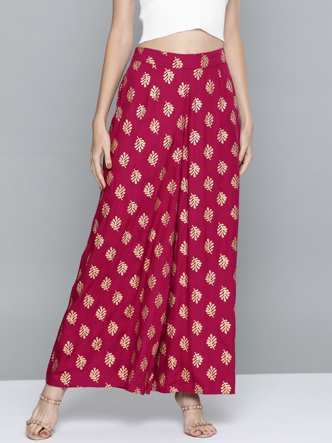 

HERE&NOW Women Magenta & Golden Ethnic Motifs Printed Palazzos