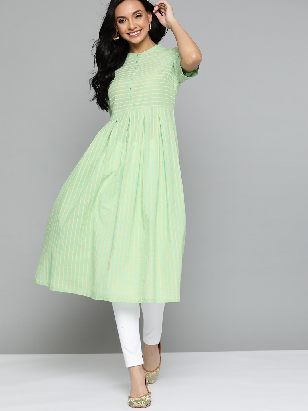 

HERE&NOW Women Green & Beige Striped Pure Cotton A-Line Kurta
