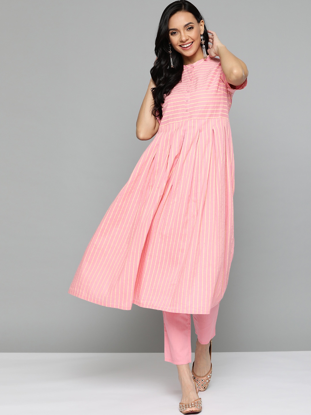 

HERE&NOW Women Pink Striped Pure Cotton Kurta with Trousers