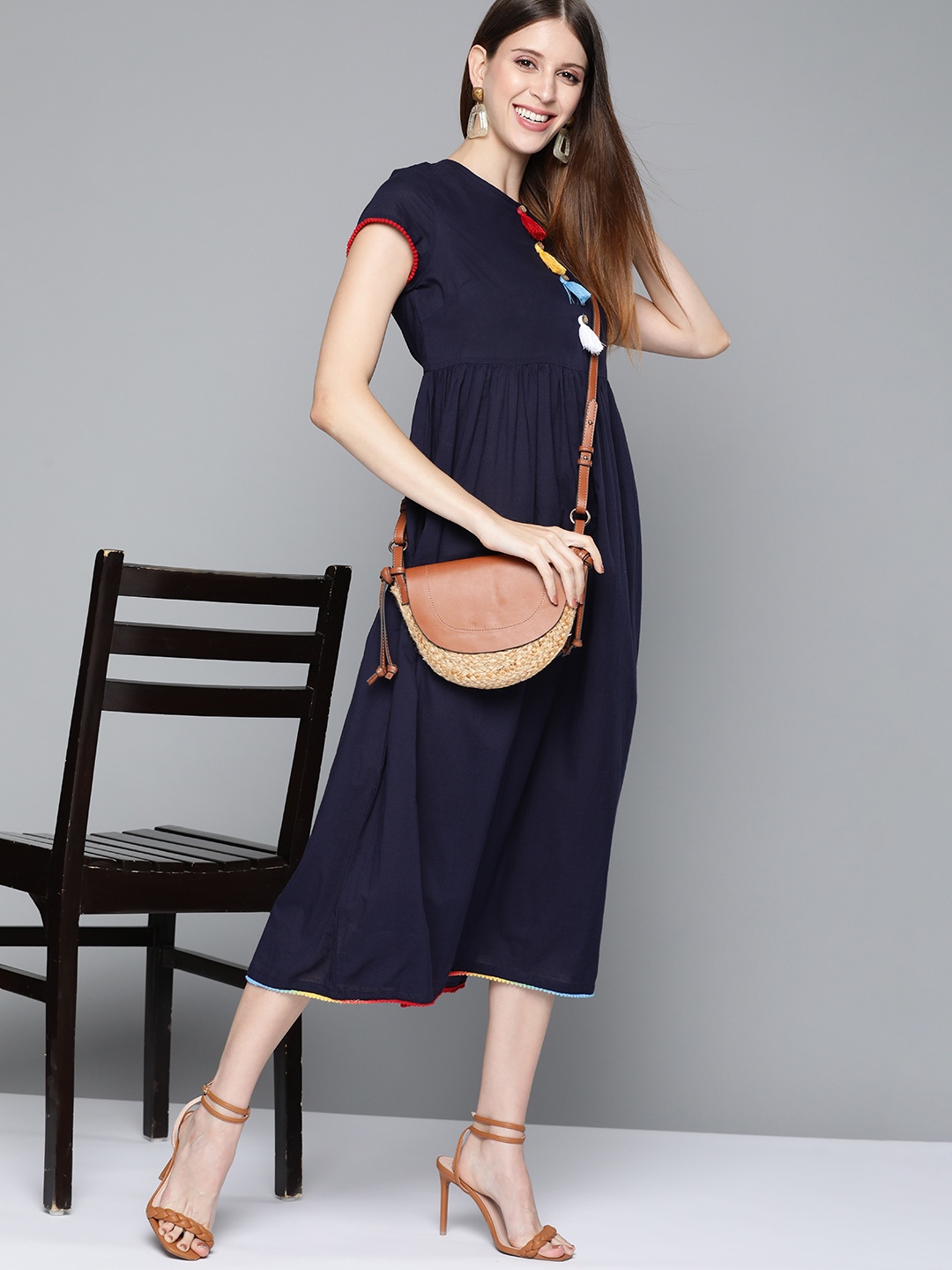 

HERE&NOW Navy Blue Solid Tasselled Cotton Gathered A-Line Midi Dress