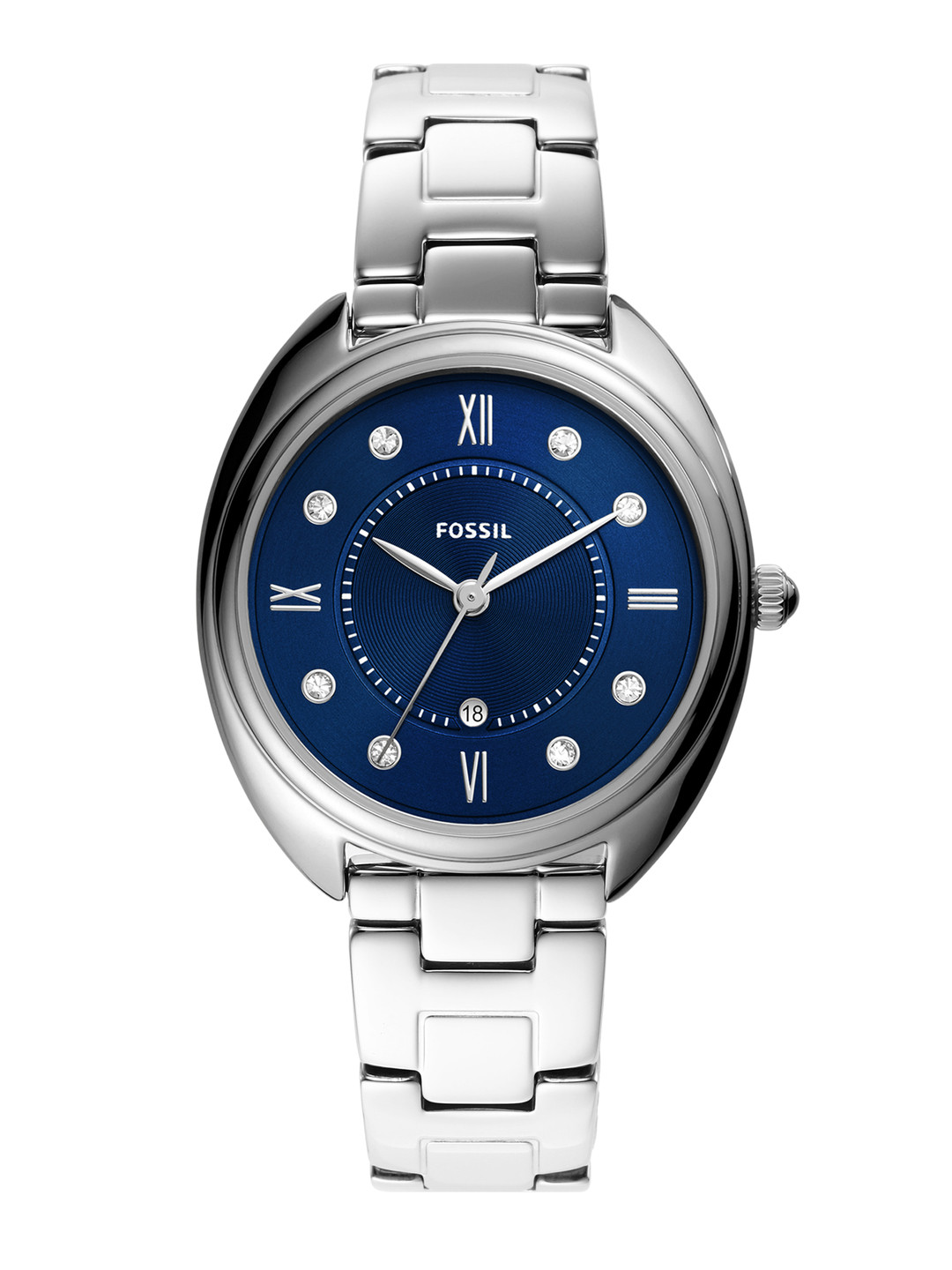 

Fossil Women Navy Blue Embellished Dial & Silver Stainless Steel Analogue Watch ES5087