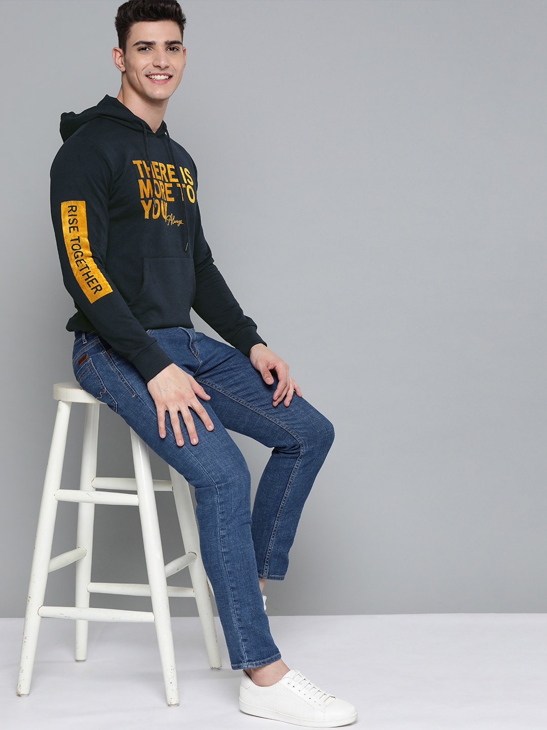 

Mast & Harbour Men Navy Blue & Mustard Yellow Typography Print Hooded Sweatshirt