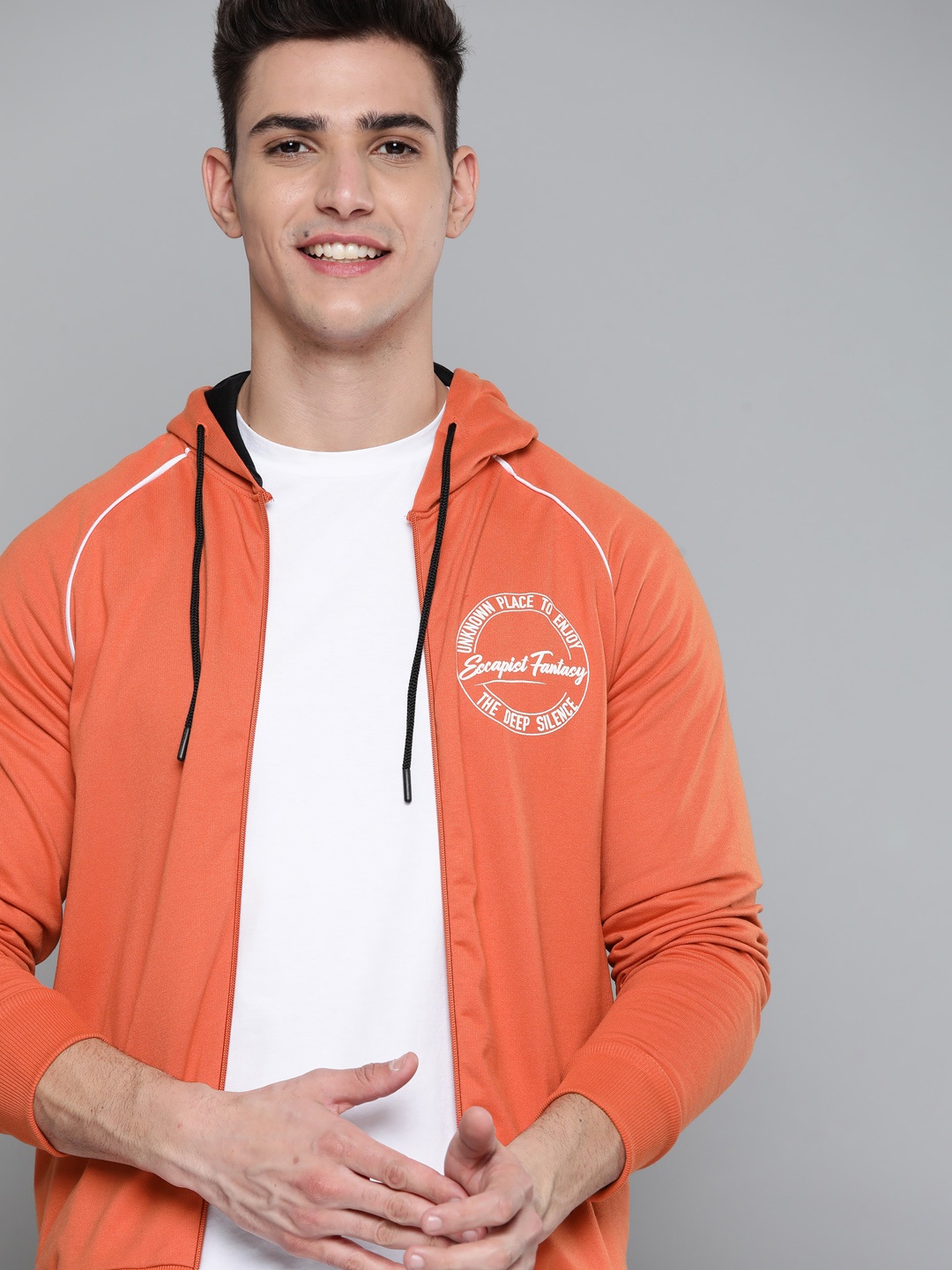 

Mast & Harbour Men Orange Solid Hooded Sweatshirt