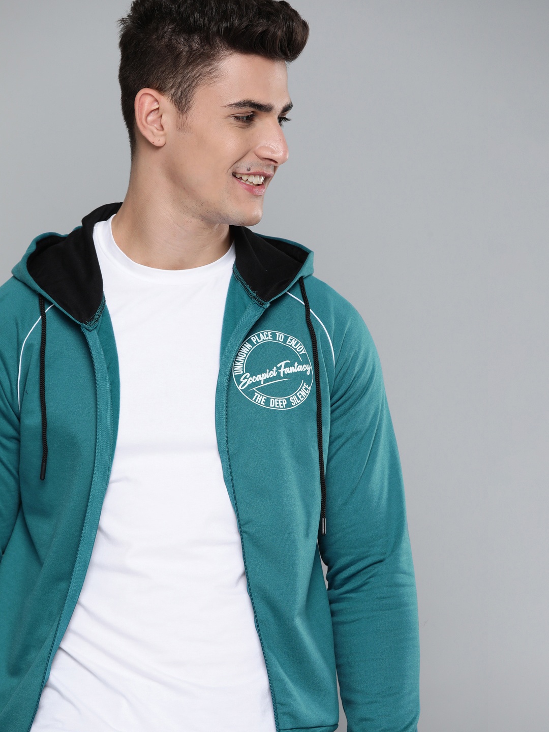 

Mast & Harbour Men Teal Blue Solid Hooded Sweatshirt