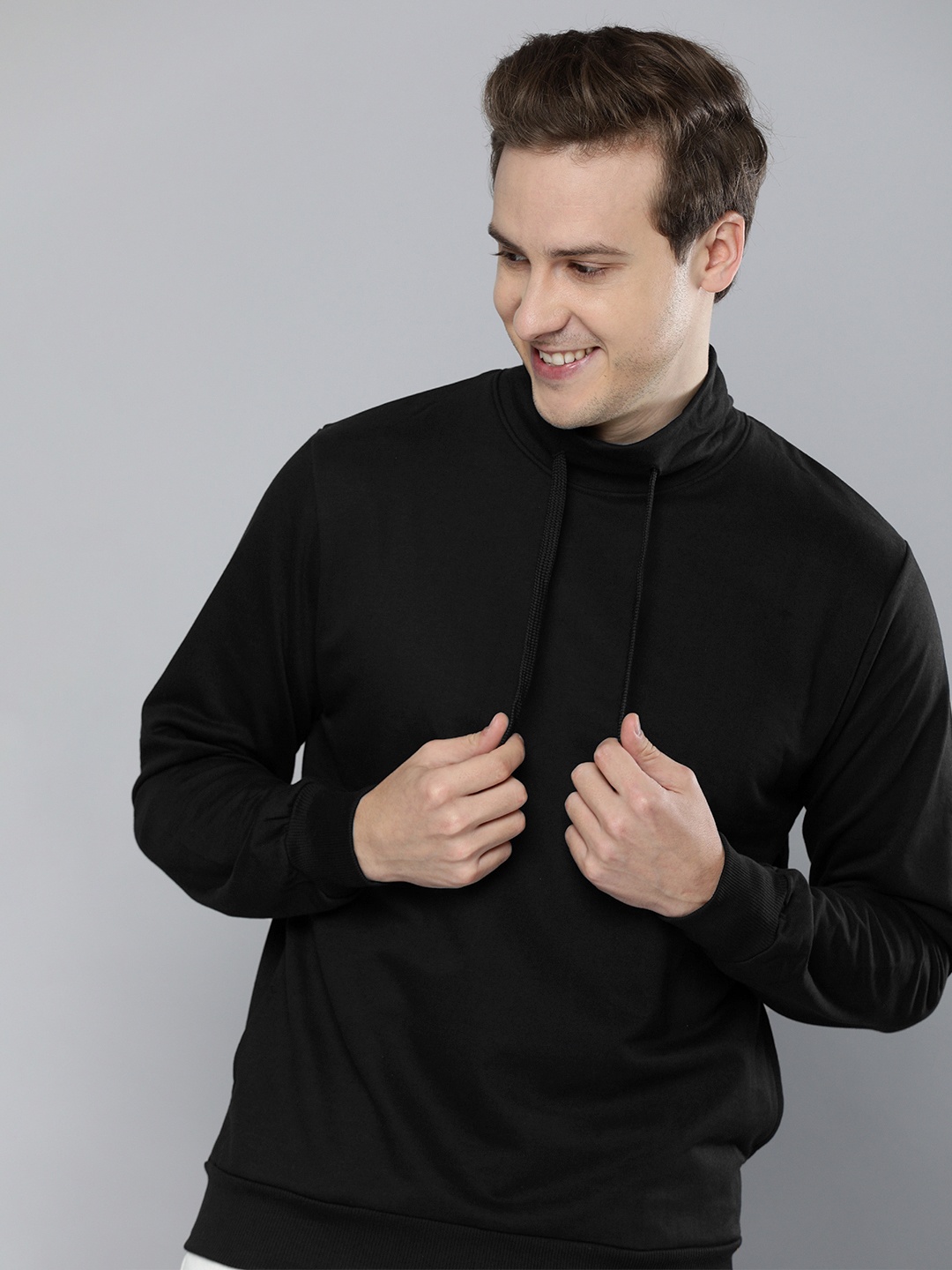 

Mast & Harbour Men Black Solid Mock Collar Pullover Sweatshirt With Neck Drawstring Detail