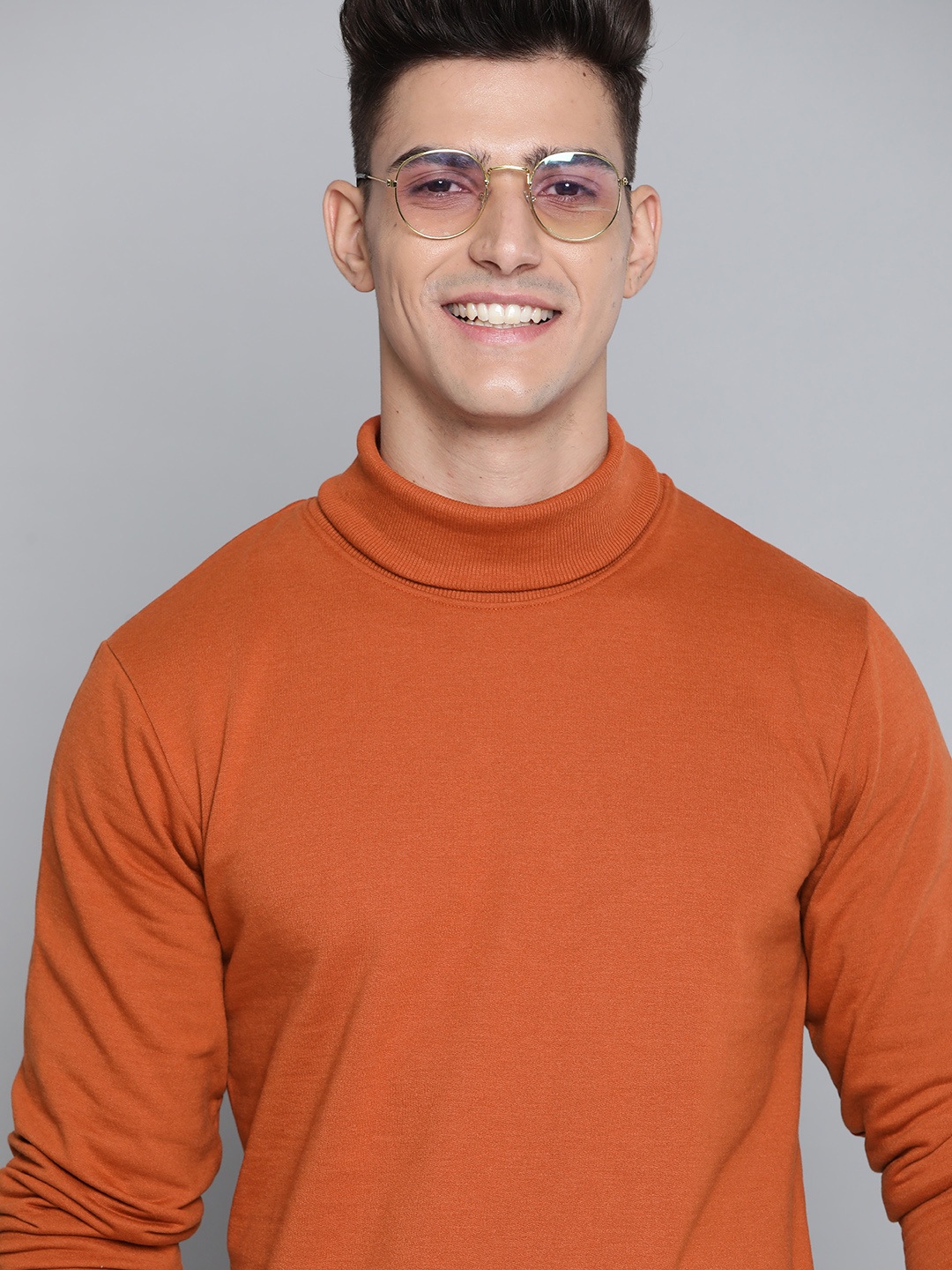 

Mast & Harbour Men Rust Orange Solid Turtle Neck Sweatshirt