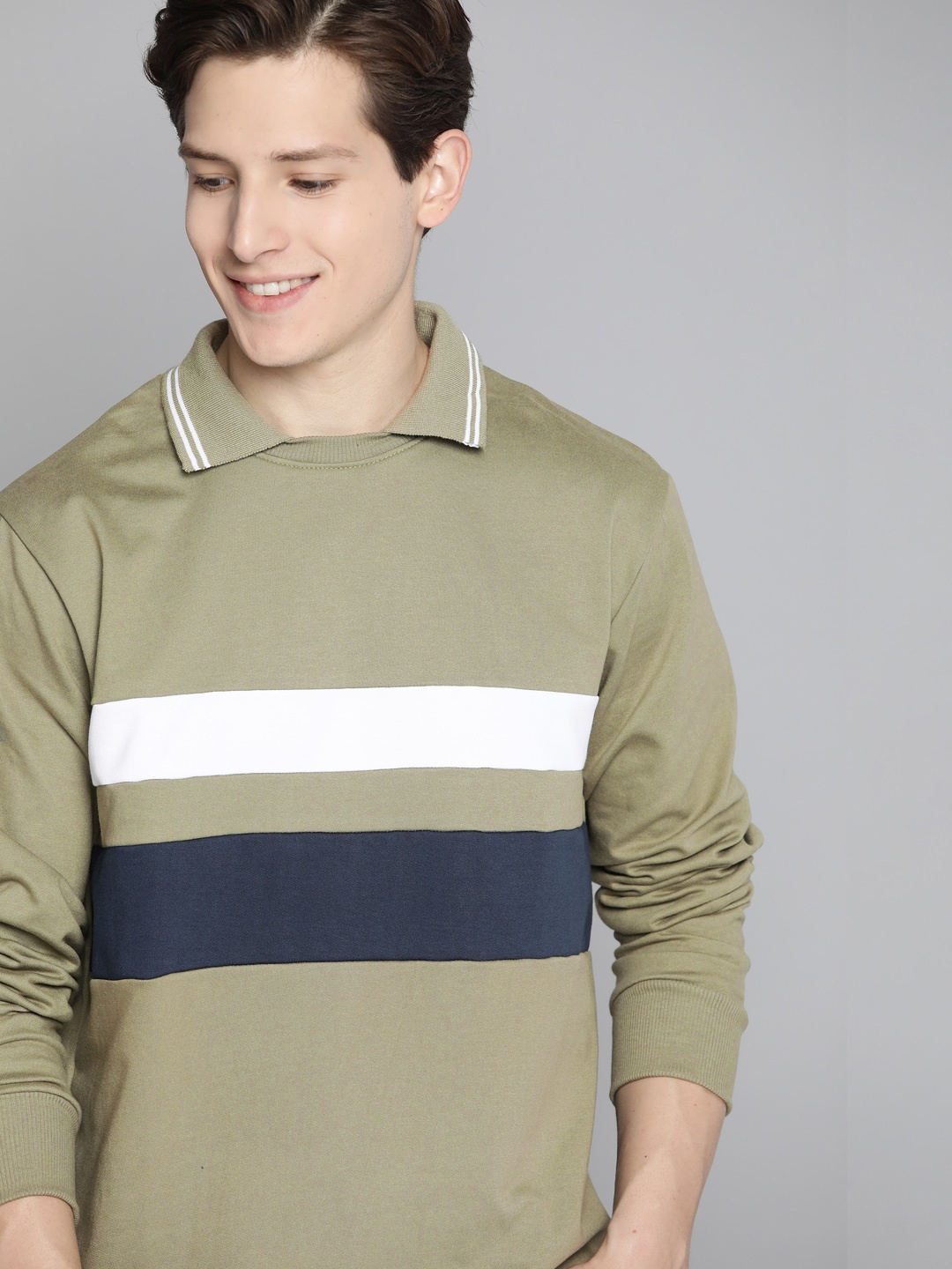 

Mast & Harbour Men Olive Green & Navy Blue Striped Sweatshirt