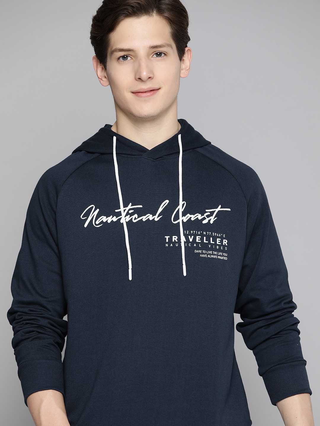 

Mast & Harbour Men Navy Blue & White Typography Print Hooded Sweatshirt