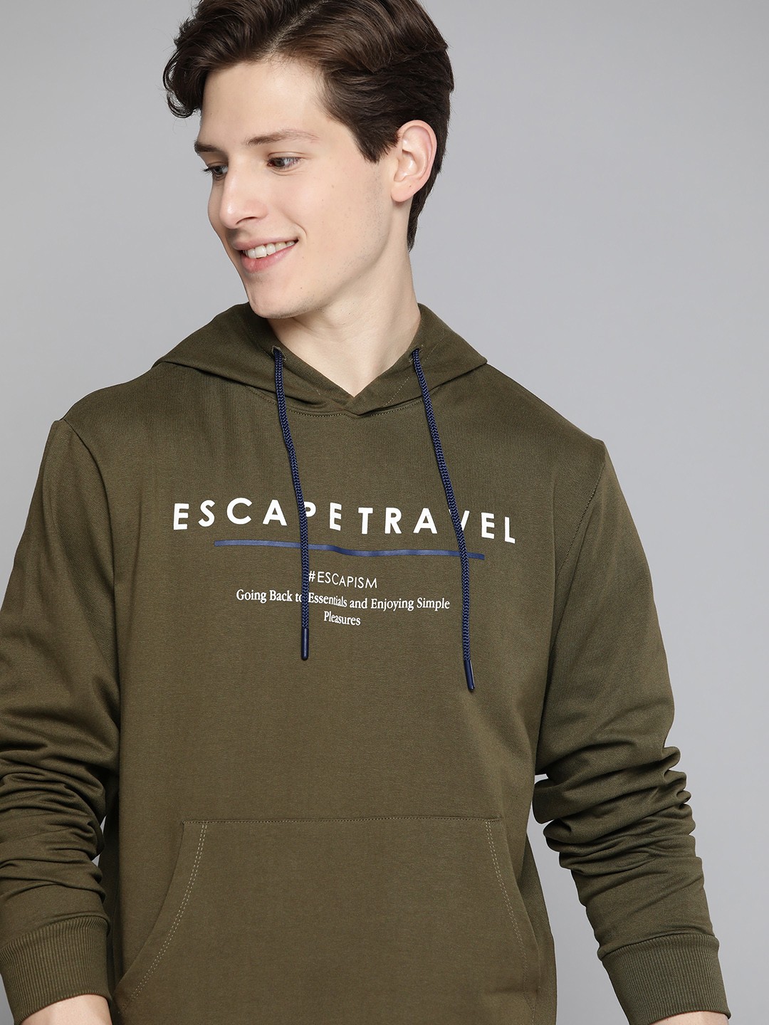 

Mast & Harbour Men Olive Green & White Typography Print Hooded Sweatshirt