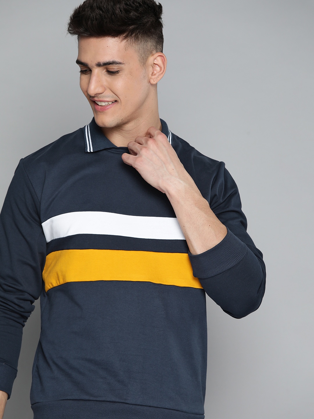 

Mast & Harbour Men Navy Blue & Yellow Striped Sweatshirt