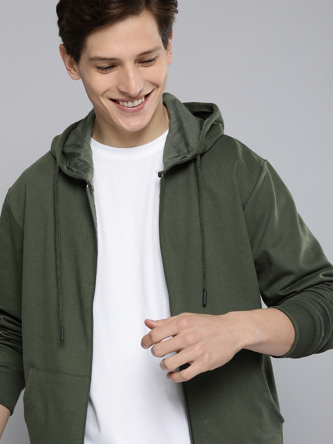 

Mast & Harbour Men Olive Green Solid Hooded Sweatshirt