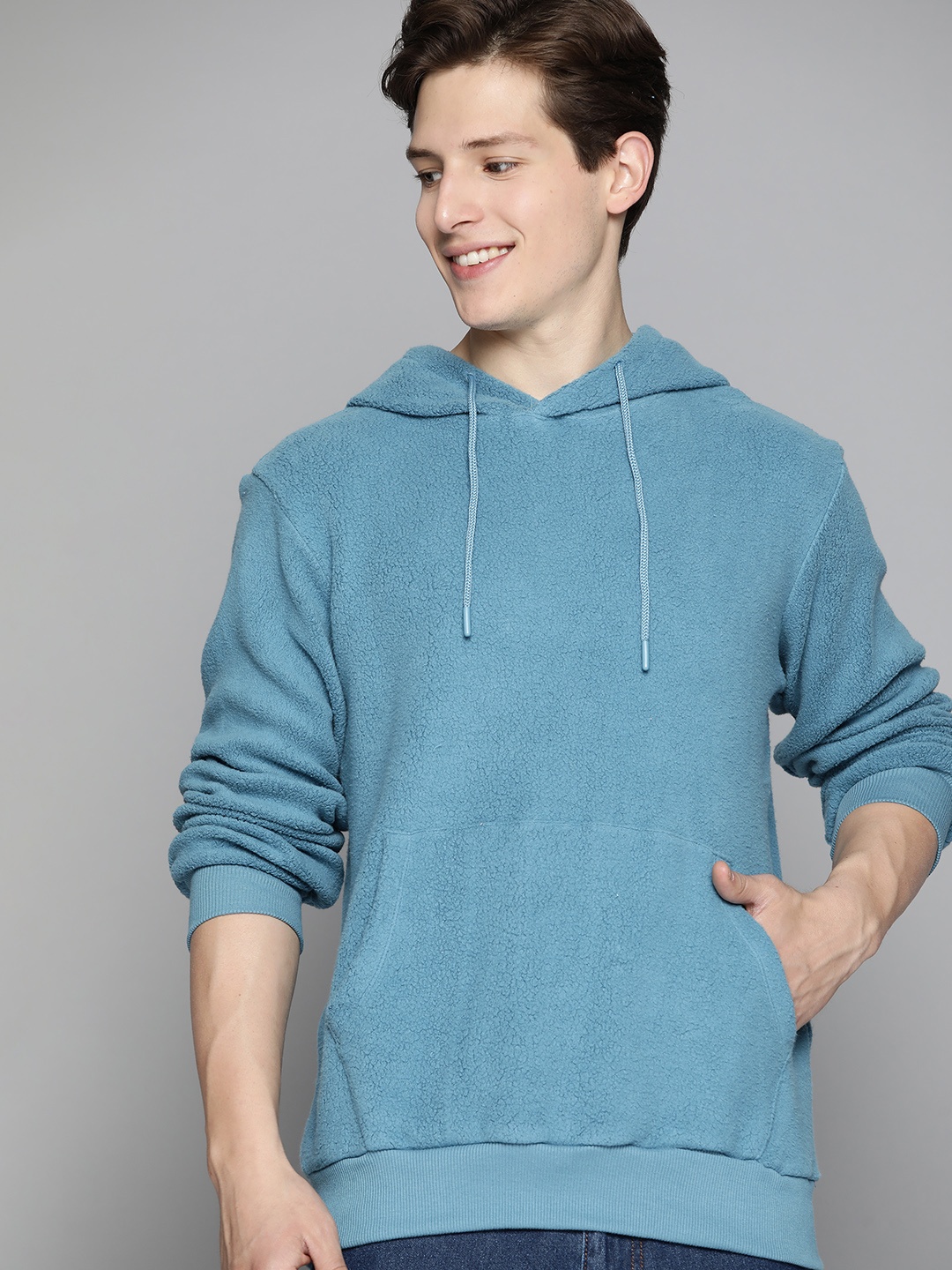 

Mast & Harbour Men Blue Sherpa Hooded Sweatshirt