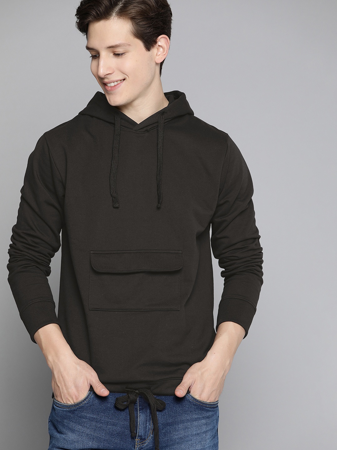 

Mast & Harbour Men Black Solid Hooded Sweatshirt