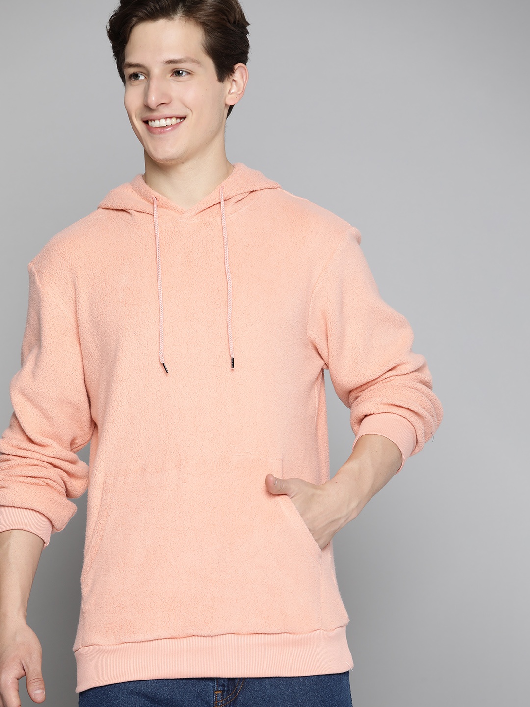 

Mast & Harbour Men Peach-Coloured Sherpa Hooded Sweatshirt
