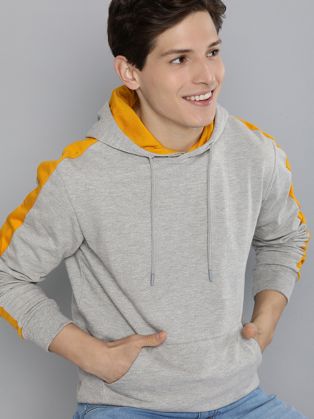 

Mast & Harbour Men Grey Colourblocked Printed Hooded Sweatshirt