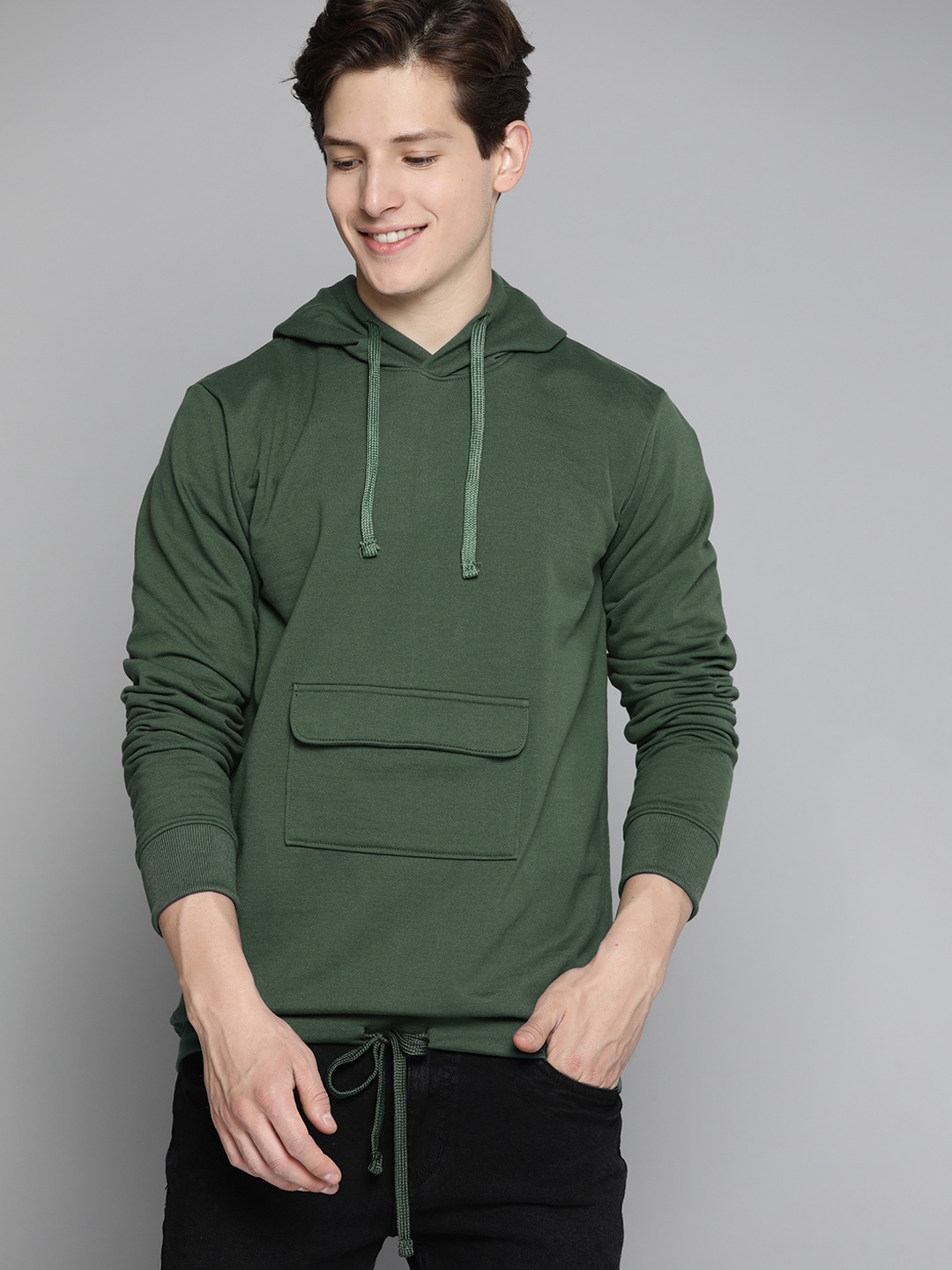 

Mast & Harbour Men Green Solid Hooded Sweatshirt