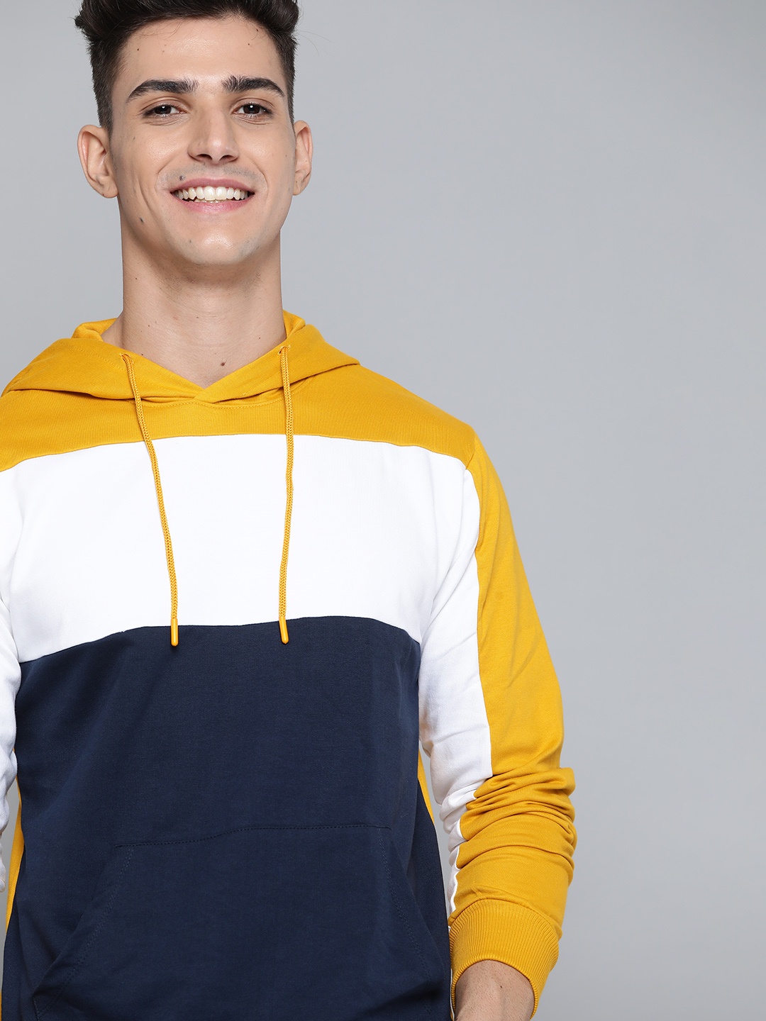 

Mast & Harbour Men Navy Blue & Mustard Yellow Colourblocked Hooded Sweatshirt