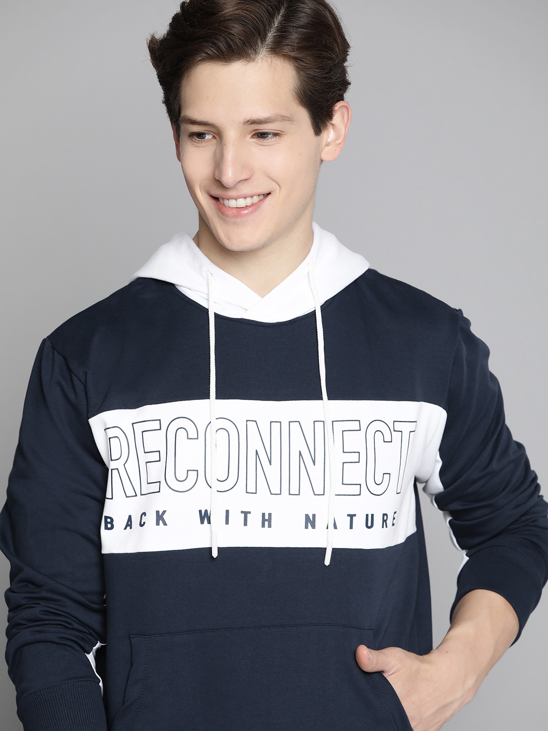 

Mast & Harbour Men Navy Blue & White Colourblocked Hooded Sweatshirt