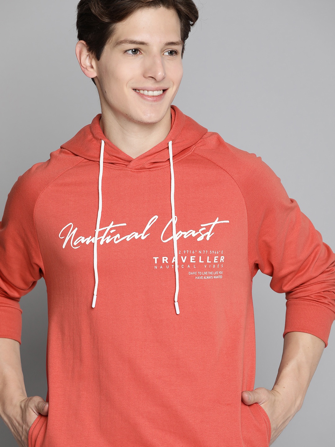 

Mast & Harbour Men Coral Red & White Typography Print Hooded Sweatshirt