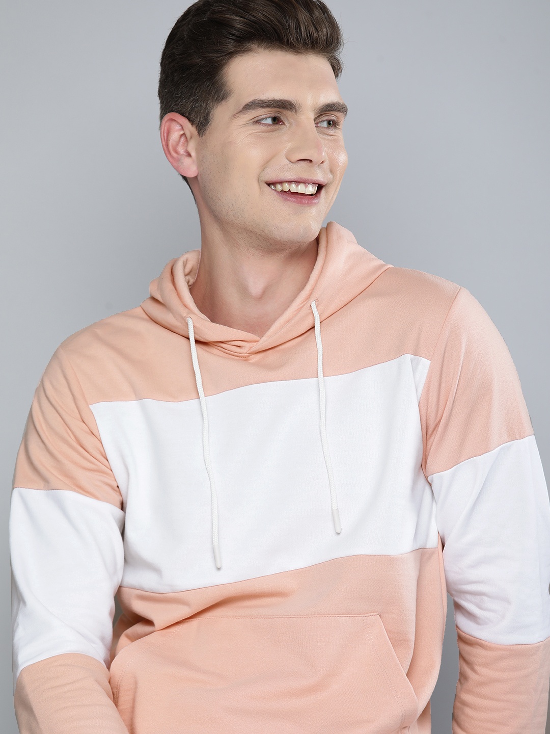 

Mast & Harbour Men Peach-Coloured Colourblocked Hooded Sweatshirt