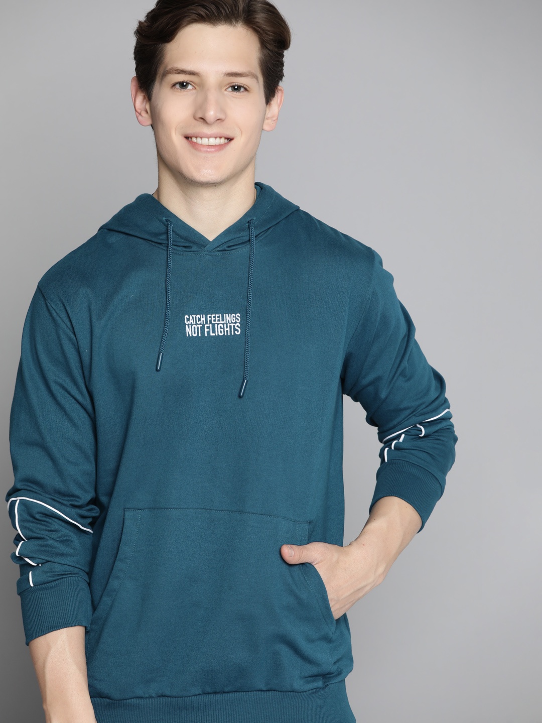 

Mast & Harbour Men Teal Green With Embroidered Detail Hooded Sweatshirt