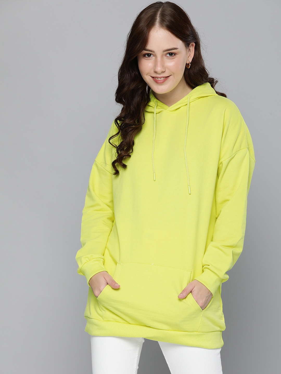 

Mast & Harbour Women Lime Green Drop Shoulder Hooded Sweatshirt