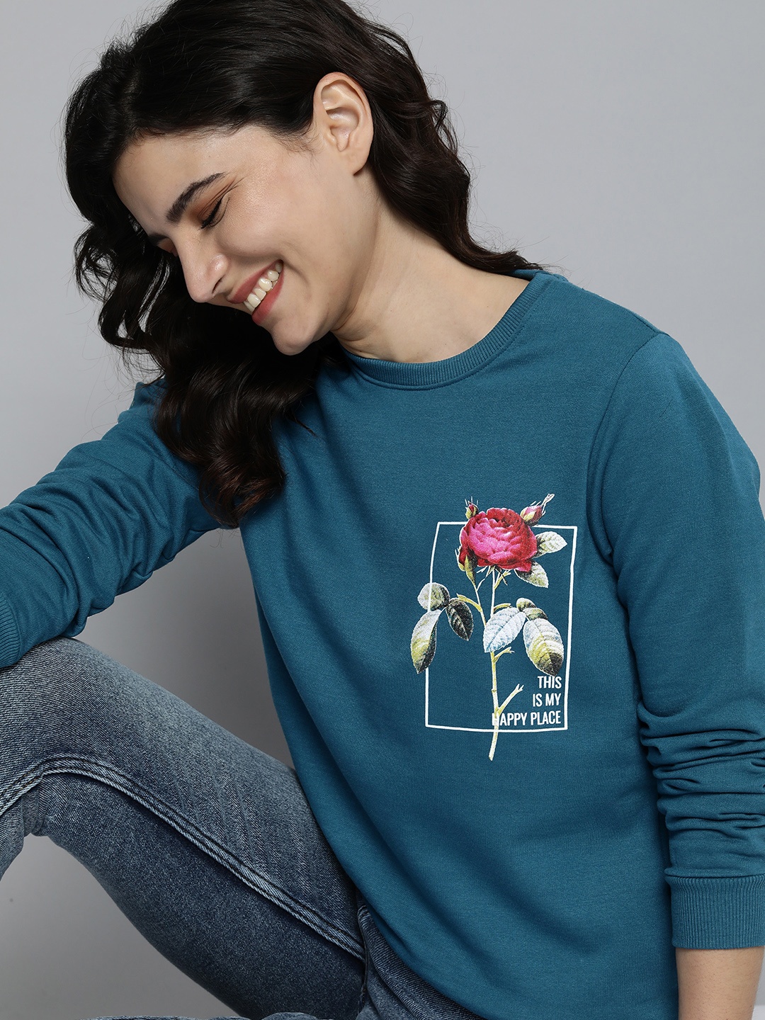 

Mast & Harbour Women Teal Blue Floral Printed Sweatshirt