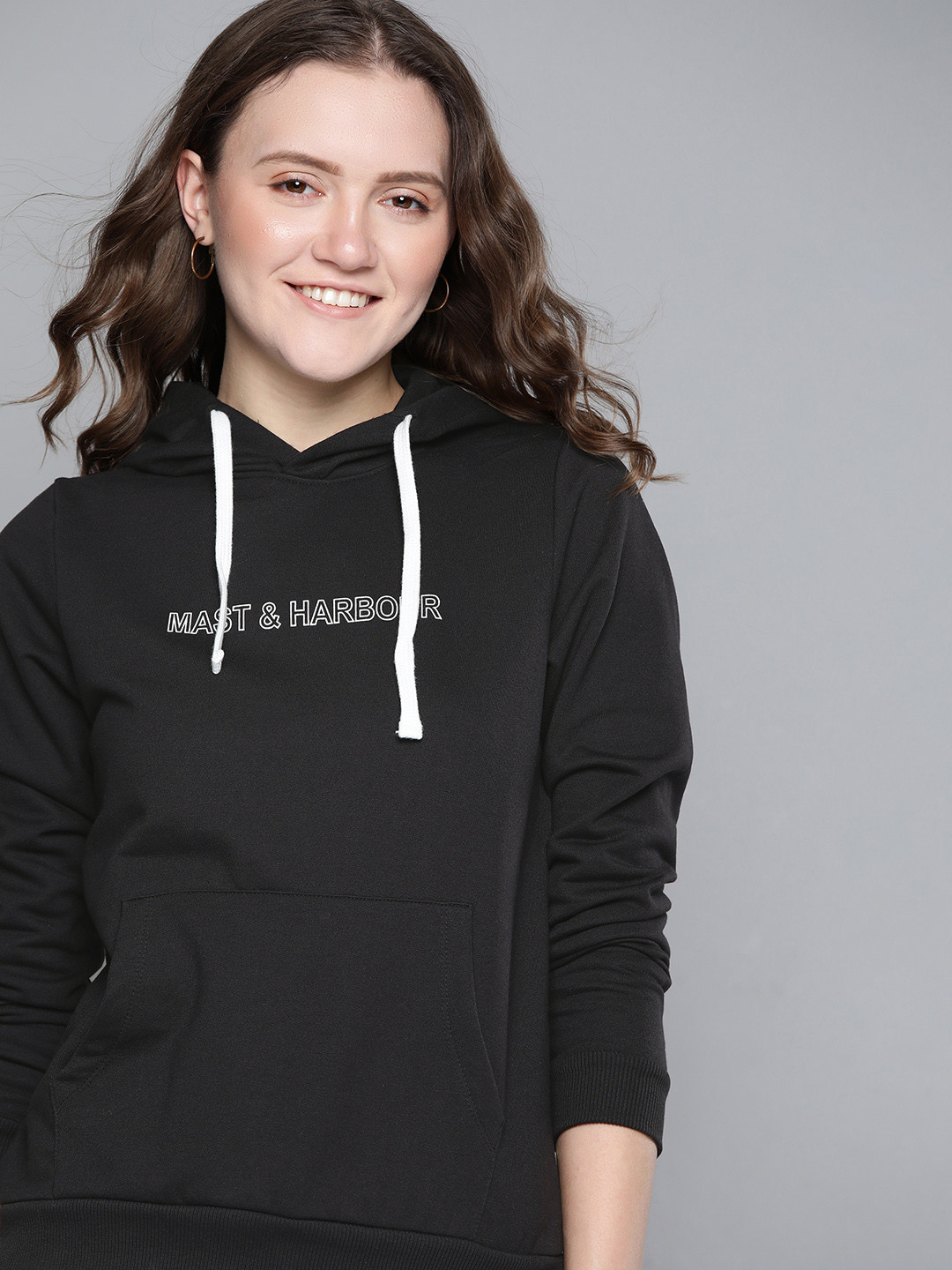 

Mast & Harbour Women Black Relaxed Fit Brand Logo Print Hooded Sweatshirt