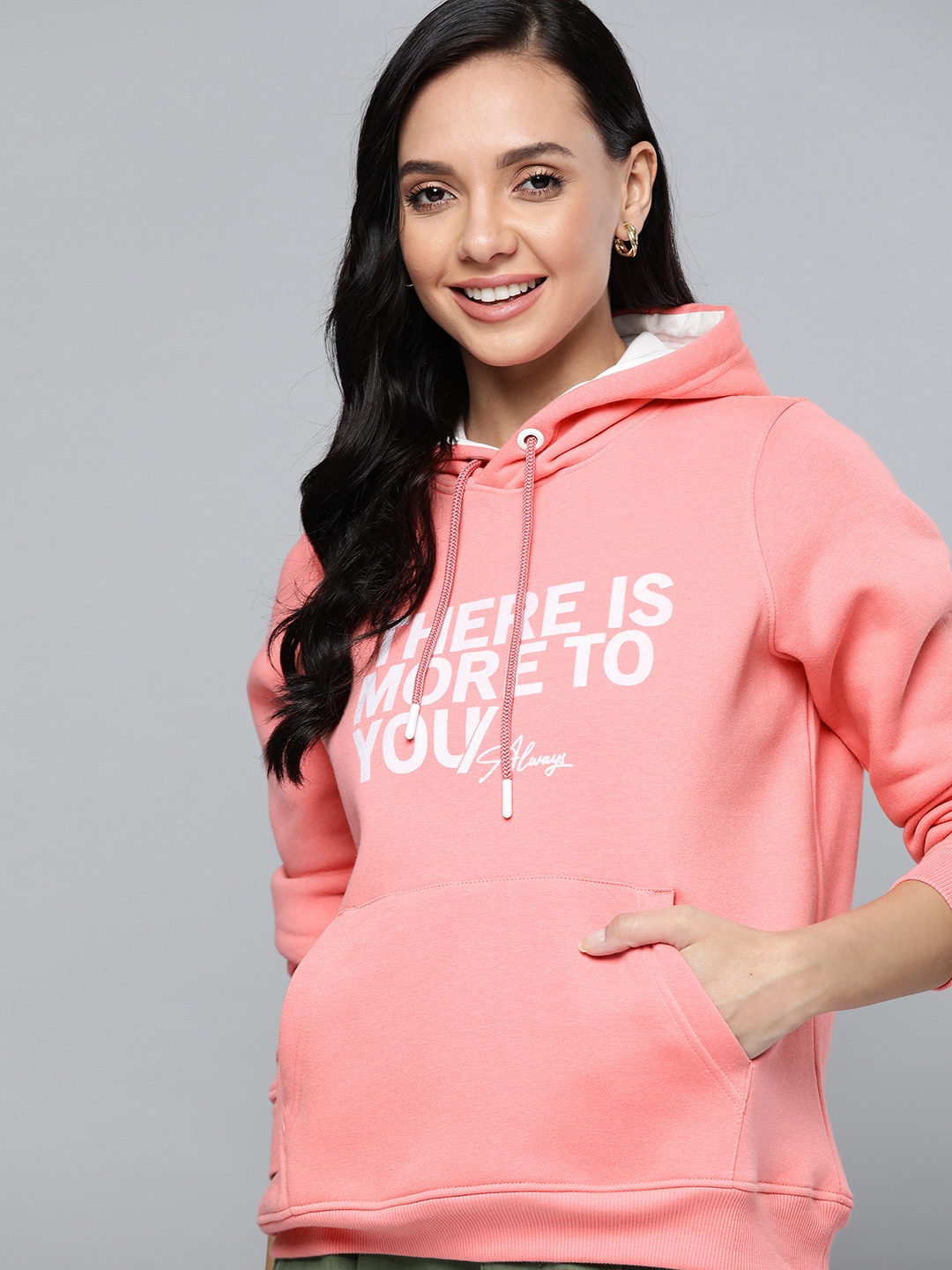 

Mast & Harbour Women Pink &White Typography Printed Hooded Sweatshirt