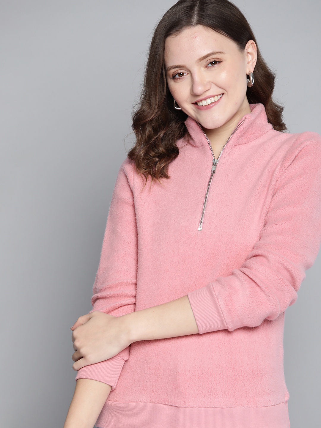 

Mast & Harbour Women Pink Solid Sherpa Sweatshirt