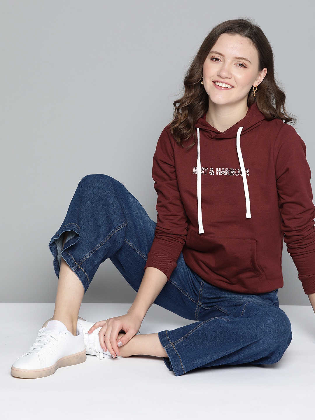 

Mast & Harbour Women Maroon Brand Logo Print Hooded Sweatshirt