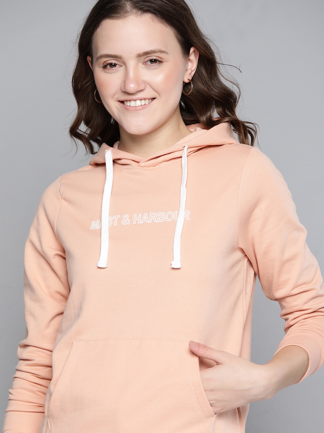

Mast & Harbour Women Peach-Coloured Relaxed Fit Brand Logo Print Hooded Sweatshirt