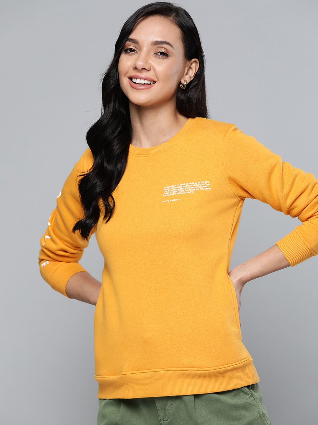 

Mast & Harbour Women Mustard Yellow Printed Sweatshirt