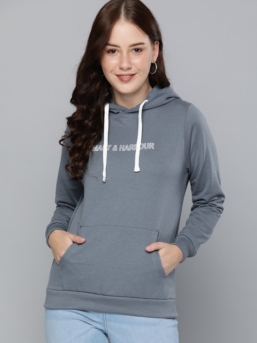 

Mast & Harbour Women Grey Printed Hooded Sweatshirt