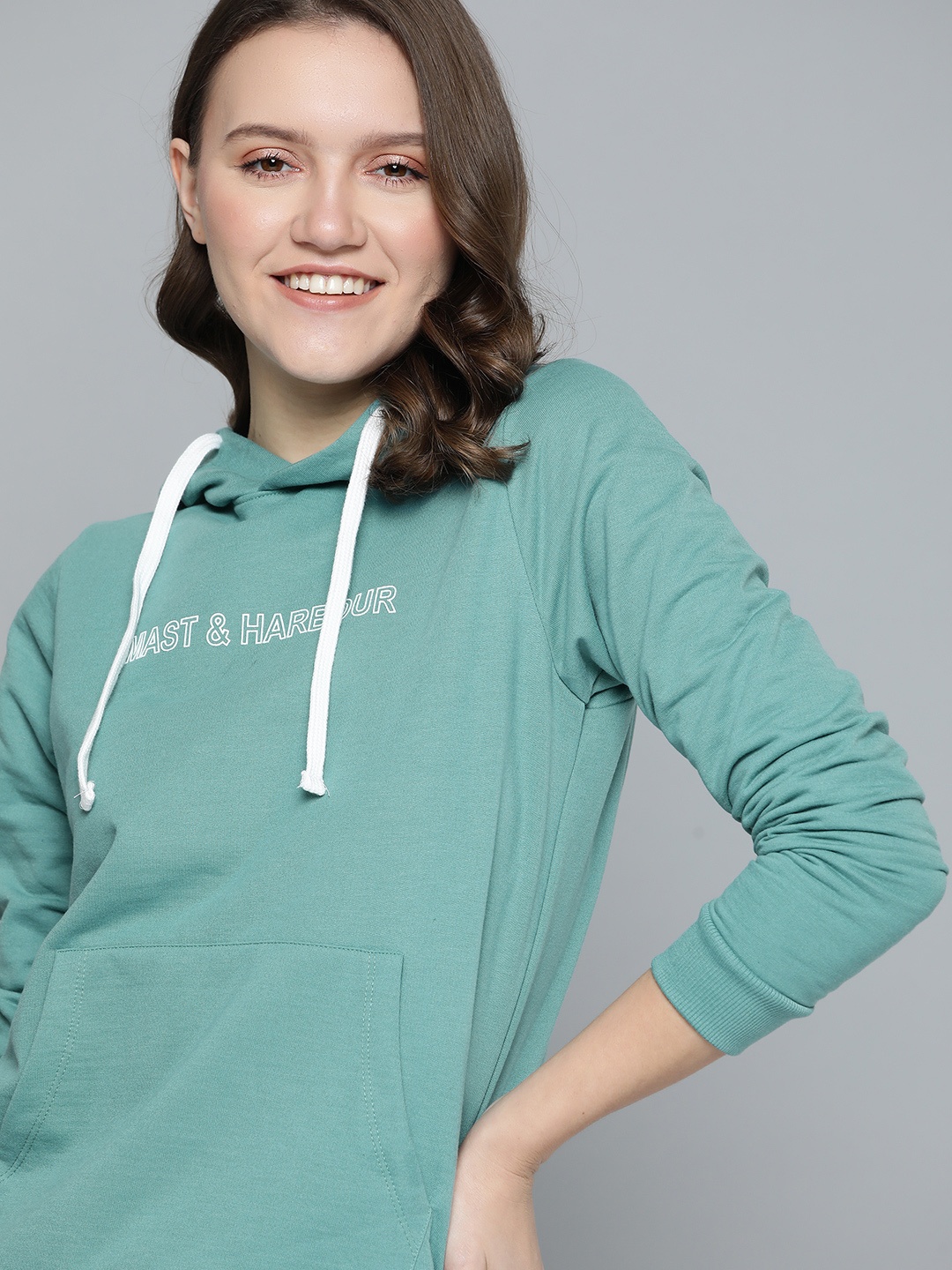 

Mast & Harbour Women Green Brand Logo Print Hooded Sweatshirt