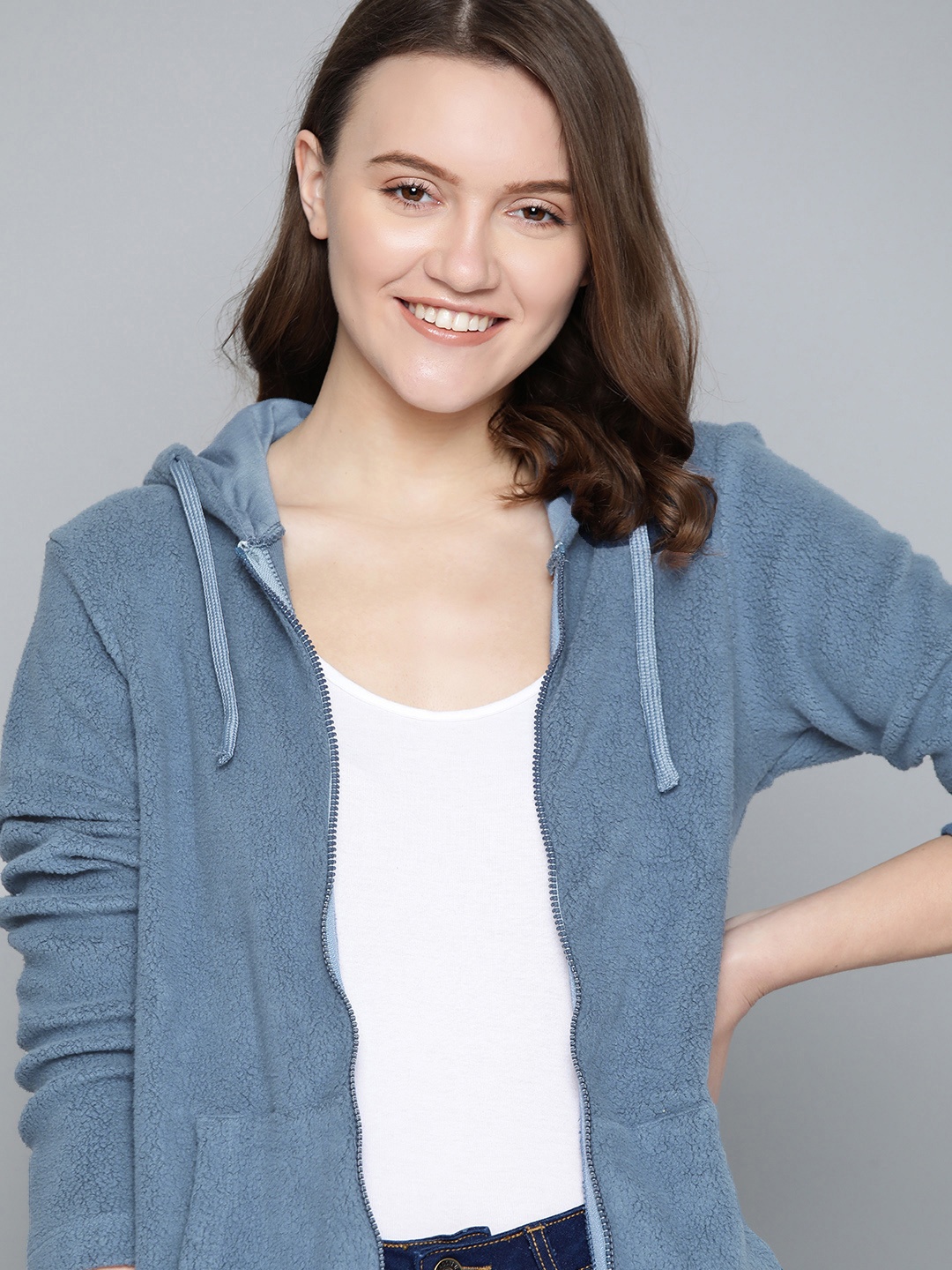 

Mast & Harbour Women Blue Sherpa Hooded Sweatshirt